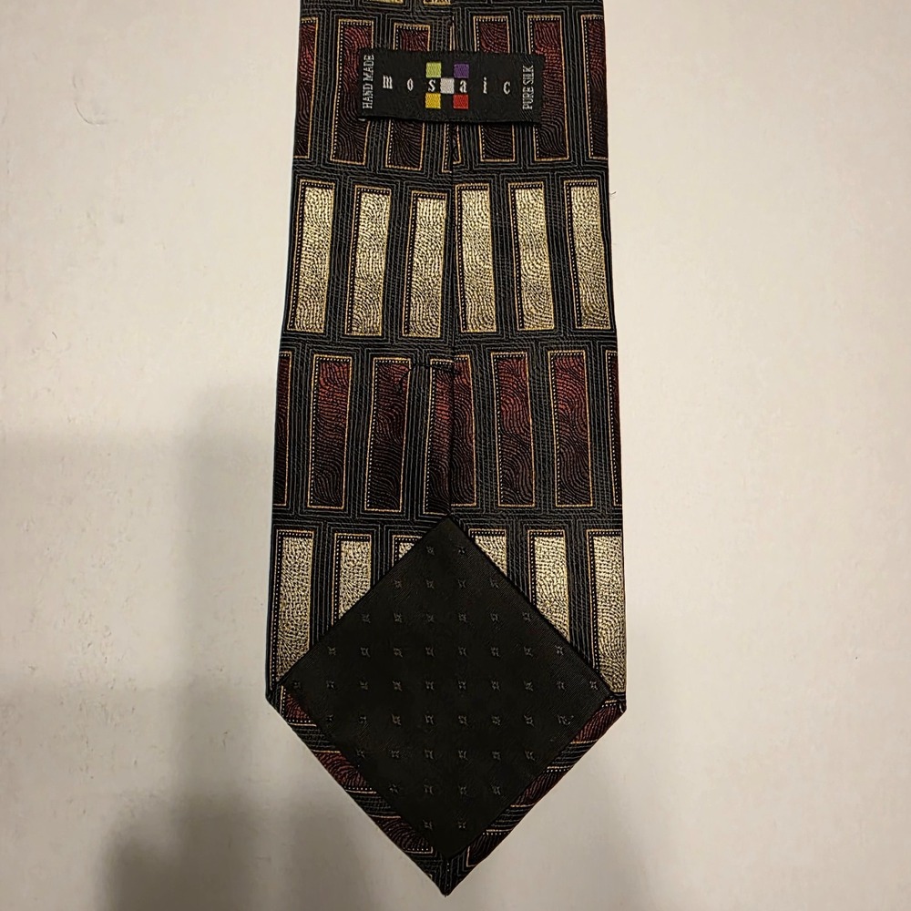 Mosaic Mens Silk Necktie Black Gold Burgundy Geometric Rectangular Hand Made Tie - Picture 3 of 5